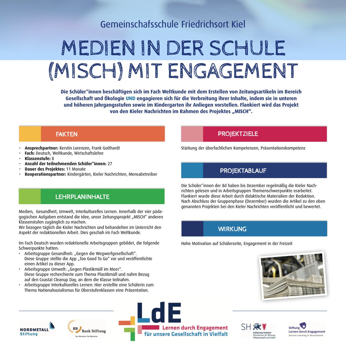 Unser #wowdw kommt von der Gemeinschaftsschule Friedrichsort (Kiel). 
Die Schüler:innen der 8.Klassen verbinden Engagement und Berufsorientierung, indem sie als Nachwuchsredakteur:innen agieren. 

Lernen durch Engagement öffnet die Schule nach außen und nach innen. #twlz #LdE