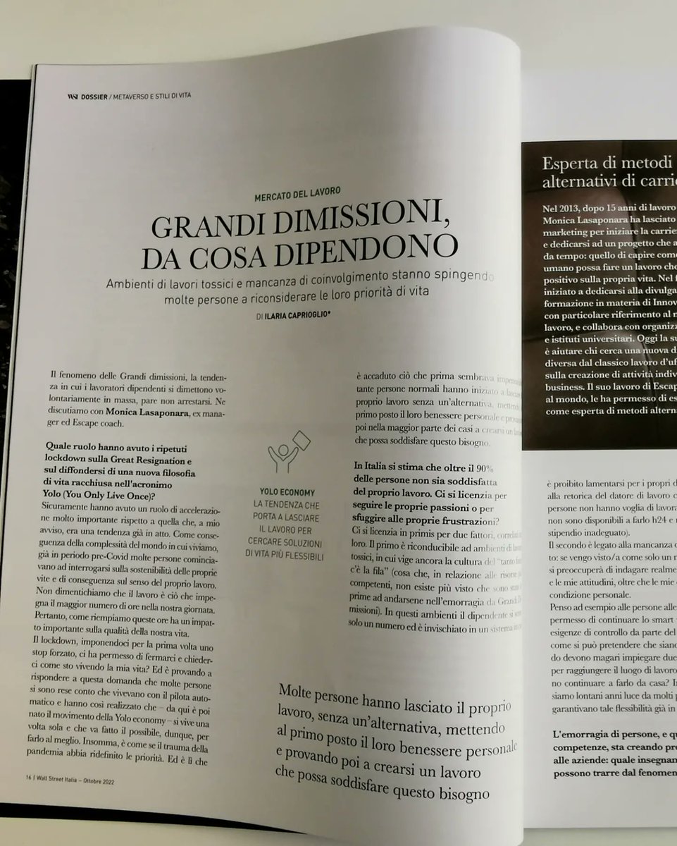 LucchinoL's tweet photo. wallstreetita: RT @IlaCaprioglio: Nel numero di ottobre, in edicola, di @wallstreetita intervisto Monica Lasaponara sul fenomeno internazionale, e anche italiano, delle "grandi dimissioni".
#wallstreetitalia
#escapecoach
#yolo
#sustainability https://t.co/vBULdlzo89