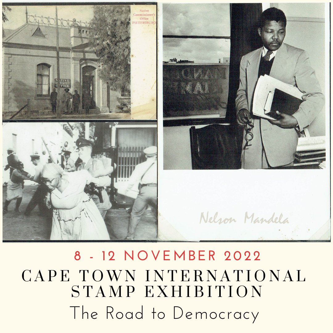 pfsastamps's tweet photo. For the first time in Africa, your chance to visit the CAPE TOWN INTERNATIONAL STAMP EXHIBITION - 8-12 NOVEMBER 2022 

The Road to Democracy Exhibition by Gerhard Kamffer
Built up over the past 30 years, the exhibition will illustrate the road of South Africa towards democracy. https://t.co/vM7LqHY5Vo