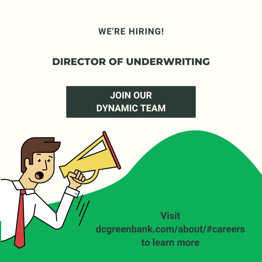 DC Green Bank is hiring a new Director of Underwriting!

Come join our team and help take our investments and impact to the next level. 

Learn more and apply here: app.trinethire.com/companies/3546… 

#investments #hiring #team #underwriting #underwriter #greenfinance