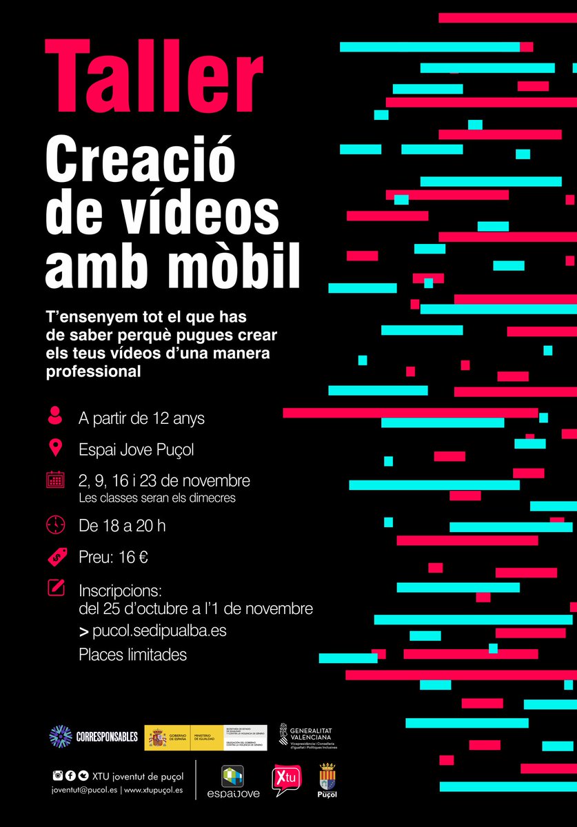 espucol's tweet photo. ENCARA QUEDEN PLACES PER AL CURS DE VÍDEO DIRIGIT A JOVES A PARTIR DE 12 ANYS
X TU Puçol organitza a l'Espai Jove el curs «Taller de creació de vídeos amb el teu mòbil». Com tots els cursos de Joventut, amb formació sobre l'ús responsable de les xarxes socials. https://t.co/RJemDuyEqF