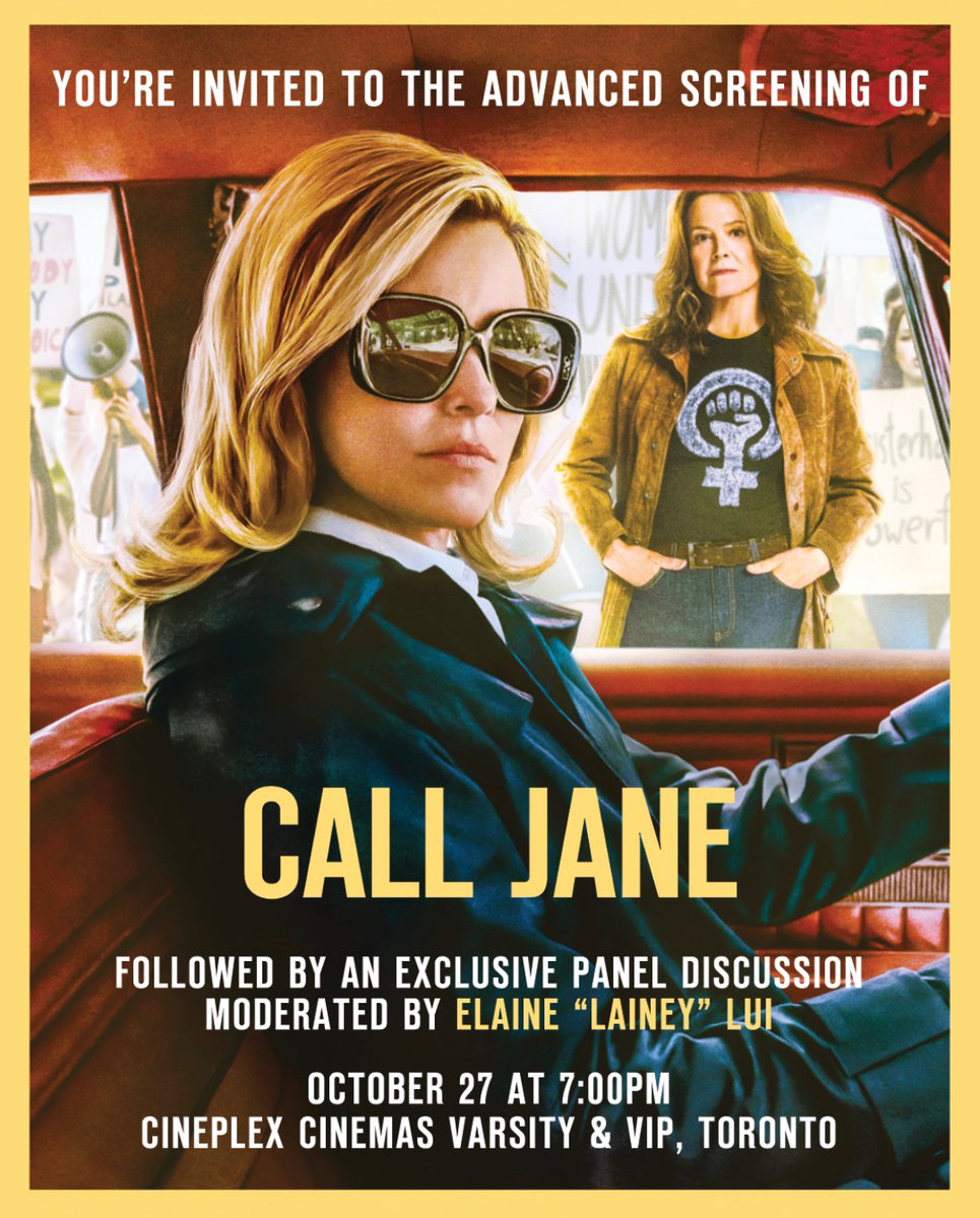 Tonight! Toronto premiere of Call Jane, feature film about the grassroots Chicago-based Jane Collective for abortion care. I’ll be speaking with my dear colleague @BlackFemRN, with @LaineyGossip moderating. @SphereFilmsCA