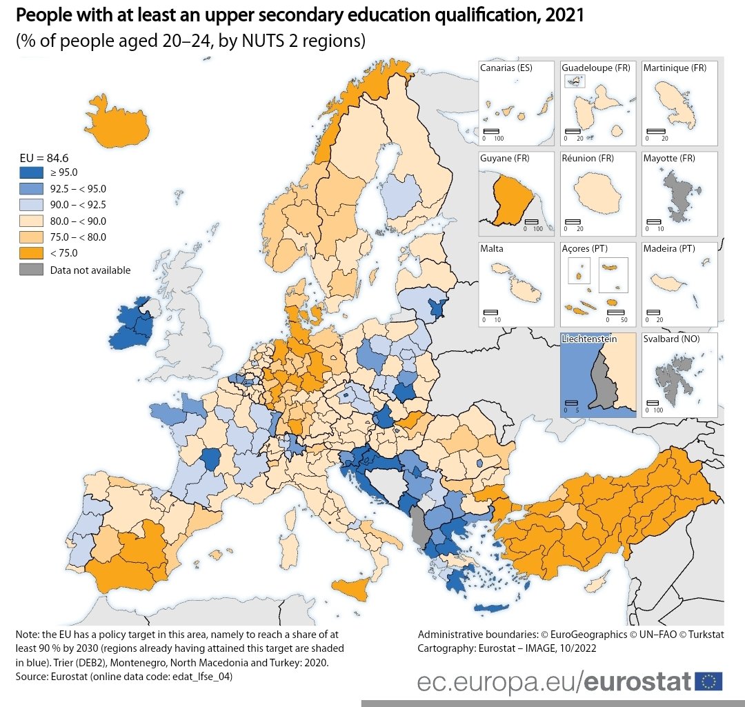 Avrupa'nın bölgelerinde 20-24 yaş aralığında en azından lise eğitimi almışların oranı (2021)...