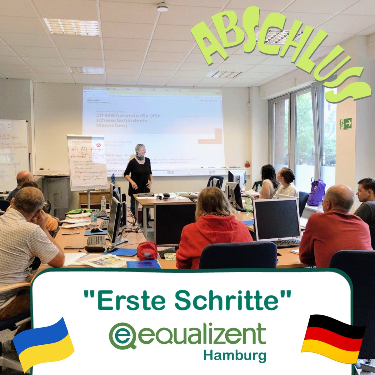 equalizent_eu's tweet photo. Mehrere Gruppen von 🧏#gehörlosen geflüchteten 🇺🇦Ukrainer_innen haben im equalizent Hamburg "Erste Schritte in 🇩🇪Deutschland." abgeschlossen.

Fotos: Abschluss mit unserer mehrsprachigen tauben Trainerin Olga🙂

Weitere Gruppen starten. Dauer je 4 Wochen.
https://t.co/x5N1YN4yUi https://t.co/d72iWjKcvo
