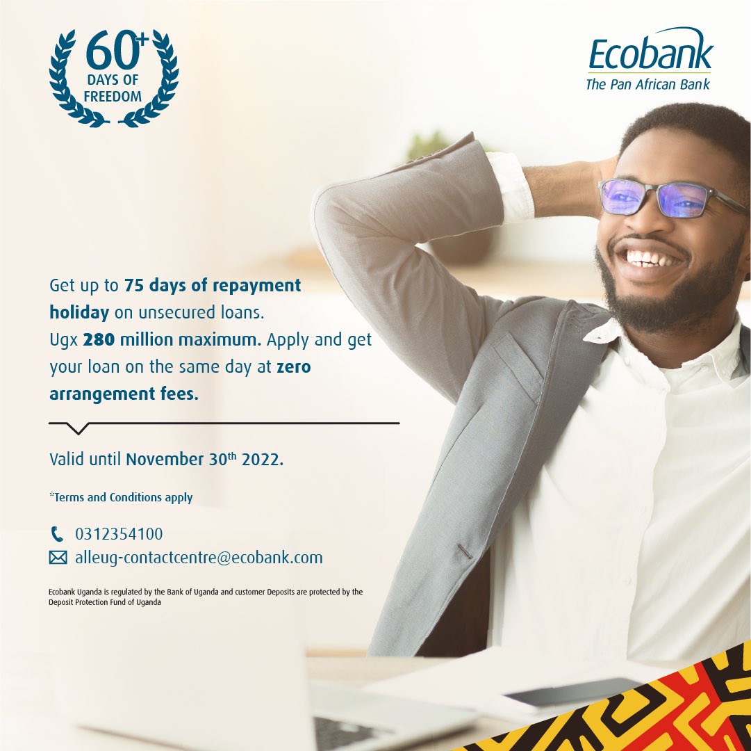 EcobankUganda's tweet photo. Go For More with our personal unsecured loans of up to UGX 280 million with a repayment holiday of up to 75days. 
Contact us at 0312354100 or email us at alleug-contactcentre@ecobank.com for more information.
#GoForMore
#EnjoyMore
#PushMore 
#Kampala 
#Uganda https://t.co/6GxiQOBuql