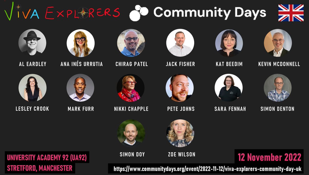 Not long until our first #VivaExplorers community day! If you're in Manchester on 12th Nov then come along to learn all about #MicrosoftViva ❤️ communitydays.org/event/2022-11-…