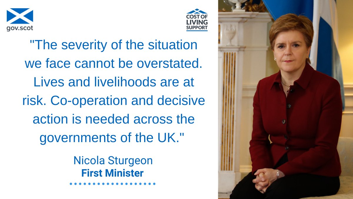 First Minister @NicolaSturgeon has called for cooperation and decisive action on the cost of living crisis across the governments of the UK in a letter to the Prime Minister. Read the letter: bit.ly/3syXfcS