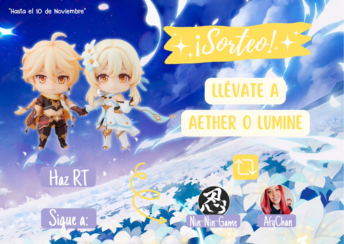 sandry_afy's tweet photo. ✨🎁 SORTEO NENDOROID GENSHIN 🎁✨

Llévate a uno de los 2 viajeros para tu colección! Tú eliges cual 💕

➡ RT al tweet 
➡ Follow a @Nin_Nin_Game y @sandry_afy 

Sorteo internacional 🌏 
Participa hasta el 10 de Noviembre 🗓️

#GenshinImpact #原神 https://t.co/bf7kMDBDsd