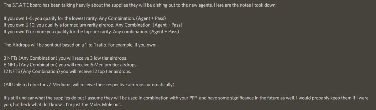 MarkNFT955's tweet photo. Yooo Agents @Infamous_ltd who are not in discord, our Mole just got us this alpha! 

Agents from Medium Pass and Director pass (And ofc pass holders) are getting something more 🤩

Spread info but don't let higher ups know!
#Infamous 
#AgentFollowAgent https://t.co/KzqG3S768q
