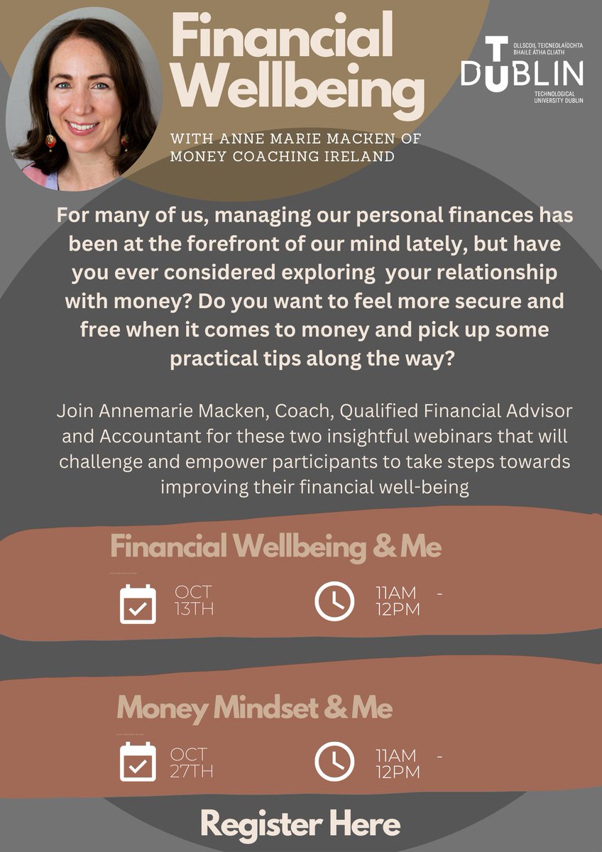 People Development (@tustaffdev) on Twitter photo Looking forward to welcoming Anne-Marie Macken of Money Coaching Ireland for the second instalment of our Workplace Wellbeing sessions for staff - Money Mindset and Me at 11am. Contact healthandwellbeing@tudublin.ie to register! #TUDublinWellbeing <a href="/WeAreTUDublin/">TU Dublin / OT Baile Átha Cliath</a> Looking forward to welcoming Anne-Marie Macken of Money Coaching Ireland for the second instalment of our Workplace Wellbeing sessions for staff - Money Mindset and Me at 11am. Contact healthandwellbeing@tudublin.ie to register! #TUDublinWellbeing <a href="/WeAreTUDublin/">TU Dublin / OT Baile Átha Cliath</a>