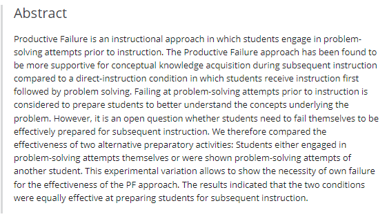 It's known that trying to solve a problem *before* instruction boosts understanding...but must you fail yourself? New data (110 German 15-year olds) shows same effect from students observing another's failed efforts to solve. researchgate.net/publication/36…