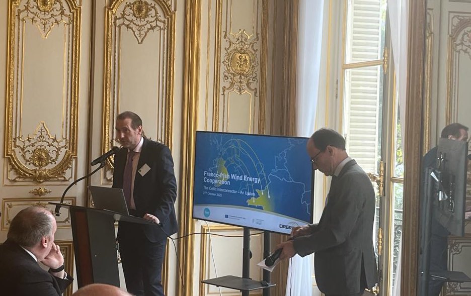 EirGrid's tweet photo. Great opportunity for EirGrid and @rte_france to update on Celtic Interconnector at the offshore wind event being hosted by @IrlEmbParis.
#CEFenergy https://t.co/m64uOj3C6w