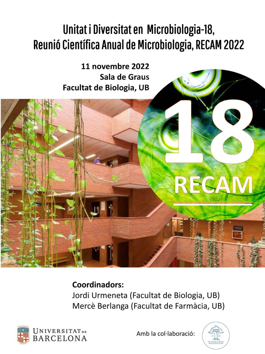 ub_bio's tweet photo. El divendres dia 11 de novembre se celebrarà la RECAM 2022 a l’aula de Graus de la Facultat de Biologia. Durant la reunió es farà un breu recordatori del professor Josep Casadesús, catedràtic de Microbiologia, traspassat aquest passat més d’agost. @craibiologia @BiologiaUB https://t.co/CoY332WjxE