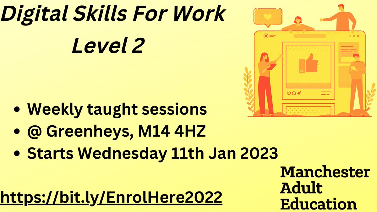 Manchester Adult Ed. (@manadulted) on Twitter photo We have a cracking new course starting at Greenheys, close to <a href="/MCCRusholme/">MCC Rusholme</a> and <a href="/MCCFallowfield/">MCC Fallowfield</a>.
This is perfect for anyone interested in gaining an *official* qualification, upskilling for a new job, or simply gaining more digital confidence.
<a href="/MAESWorkReady/">MakeItHappenMAES</a> <a href="/MAESWorkReady/">MakeItHappenMAES</a> We have a cracking new course starting at Greenheys, close to <a href="/MCCRusholme/">MCC Rusholme</a> and <a href="/MCCFallowfield/">MCC Fallowfield</a>.
This is perfect for anyone interested in gaining an *official* qualification, upskilling for a new job, or simply gaining more digital confidence.
<a href="/MAESWorkReady/">MakeItHappenMAES</a> <a href="/MAESWorkReady/">MakeItHappenMAES</a>