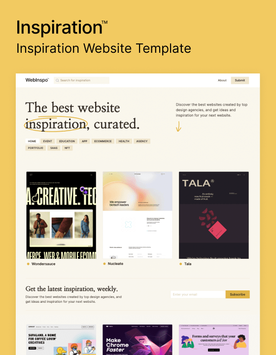 FlowSites's tweet photo. Inspiration is a new Webflow template in the Creative category. It supports Ecommerce and CMS and sells for $49 USD. #webflow #webflowtemplate #flowsites #Creativetemplate https://t.co/avmiqxn24F https://t.co/n5Nnb5ZE3Y