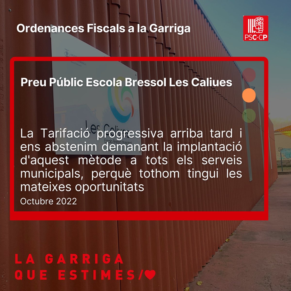 PSClaGarriga's tweet photo. La #TarifacióProgressiva arriba tard a #laGarriga. 

Portem anys de retard en implantar un servei just per a tots els habitants del nostre municipi. 

🟠 Ens abstenim perquè volem que tots els serveis municipals tinguin Tarifació Progressiva durant l'any 2023. 

#OOFF https://t.co/TQOsGLeYNq