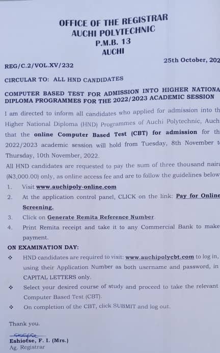 Auchi Poly Admission into HND Programmes 2022/2023 with CBT
