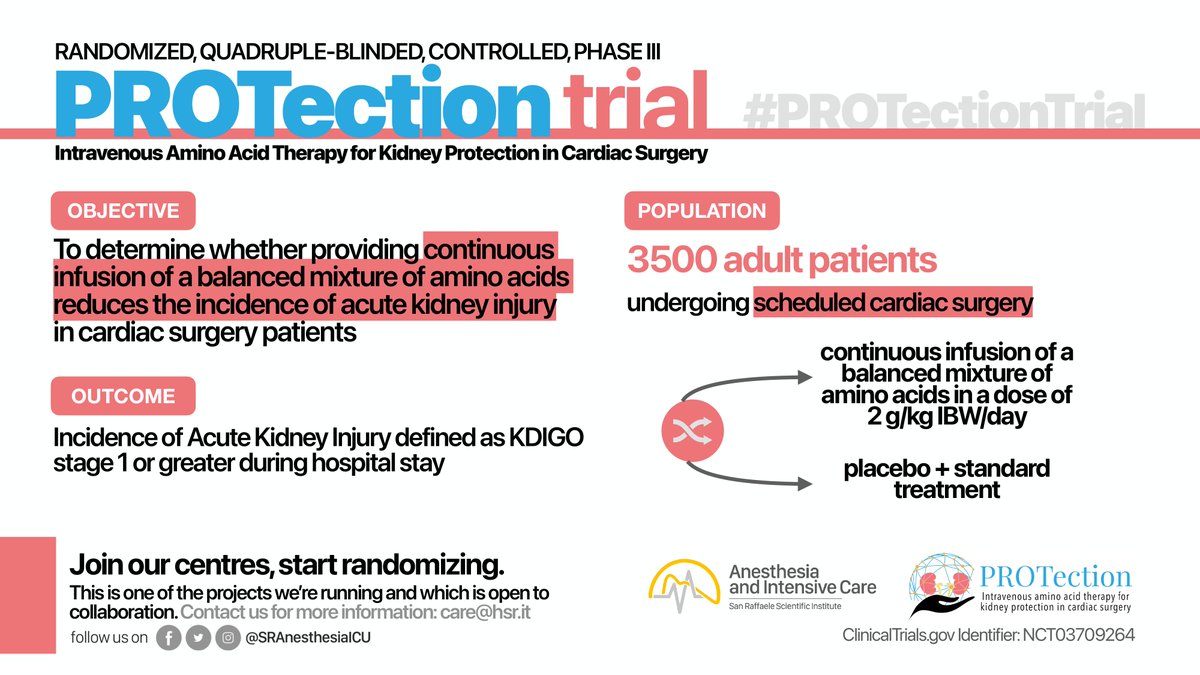 4/5

#PROTectionTrial

📨Please DM @giovannilandoni/@SRAnesthesiaICU
 
🤔Can infusion of amino acids reduce #AKI in cardiac surgery patients?
 
🌍17 active centers in 2 countries
🎯1500/3500 pts to be recruited
 
🔗clinicaltrials.gov/ct2/show/NCT03…
#CardioTwitter #FOAMcc