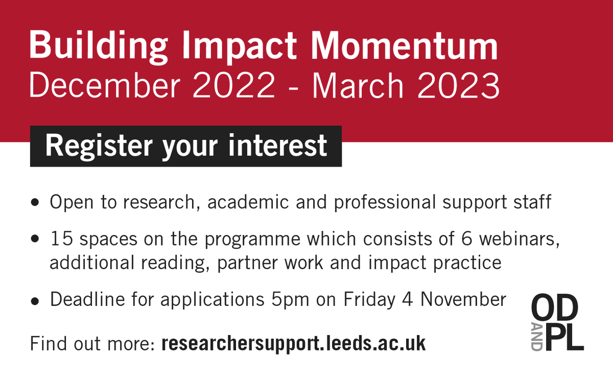 ⏰ The deadline to register your interest for the next Building Impact Momentum programme is Friday 4 November. The programme will help you to develop concrete ideas for impact which can be applied to research projects or in grant applications. ➡️ bit.ly/3MllXGC