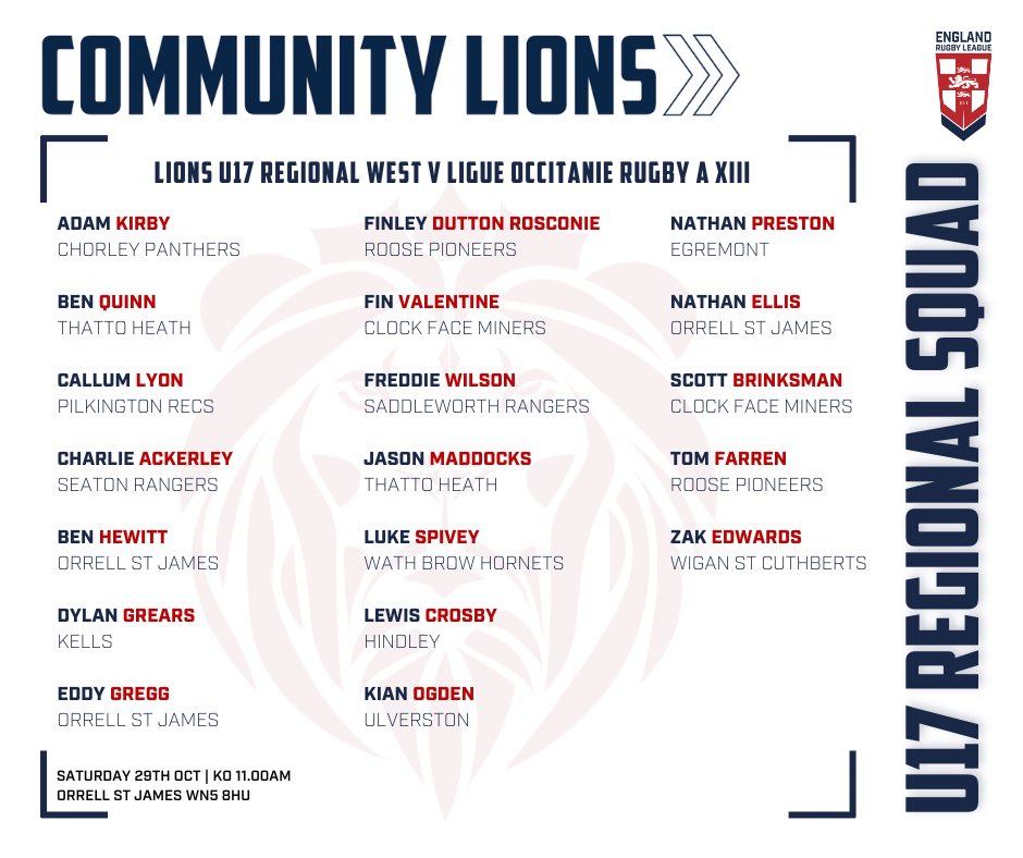 Your <a href="/lions_rl/">England Community Lions RL</a> U17 Regional West squad to take on Occtaine XIII on Saturday <a href="/OSJARLFC/">Orrell St James ARLFC</a> 11.00 kick off