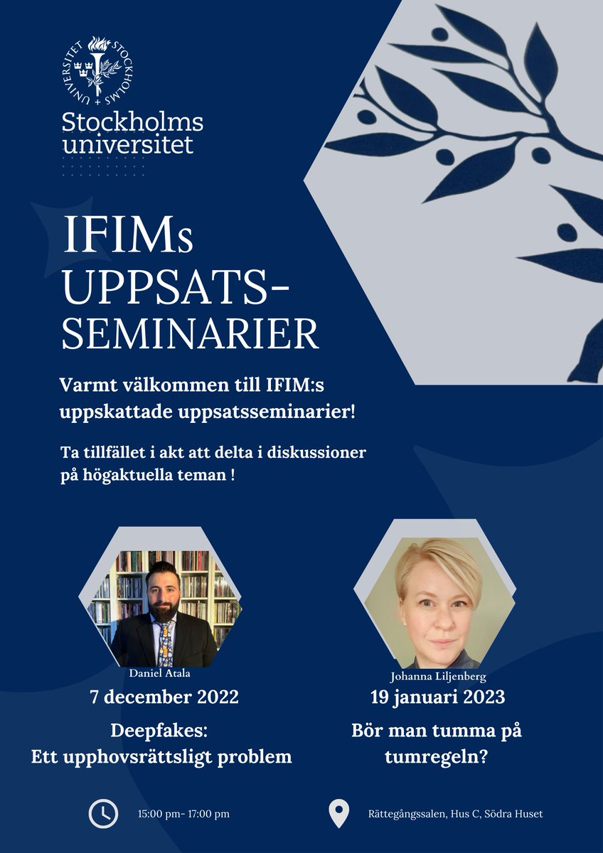 Info Juridicum (@juridicumsu) on Twitter photo IFIM vid <a href="/Stockholms_univ/">Stockholms universitet</a> bjuder in till spĂ€nnande uppsatsseminarier om #upphovsrĂ€tt vid AI-assisterade skapandeprocesser resp. om lĂ€rarens rĂ€tt till undervisningsmaterial đ
7/12: eventbrite.se/e/ifim-uppsatsâŠ
19/1: eventbrite.se/e/ifim-uppsats⊠IFIM vid <a href="/Stockholms_univ/">Stockholms universitet</a> bjuder in till spĂ€nnande uppsatsseminarier om #upphovsrĂ€tt vid AI-assisterade skapandeprocesser resp. om lĂ€rarens rĂ€tt till undervisningsmaterial đ
7/12: eventbrite.se/e/ifim-uppsatsâŠ
19/1: eventbrite.se/e/ifim-uppsatsâŠ