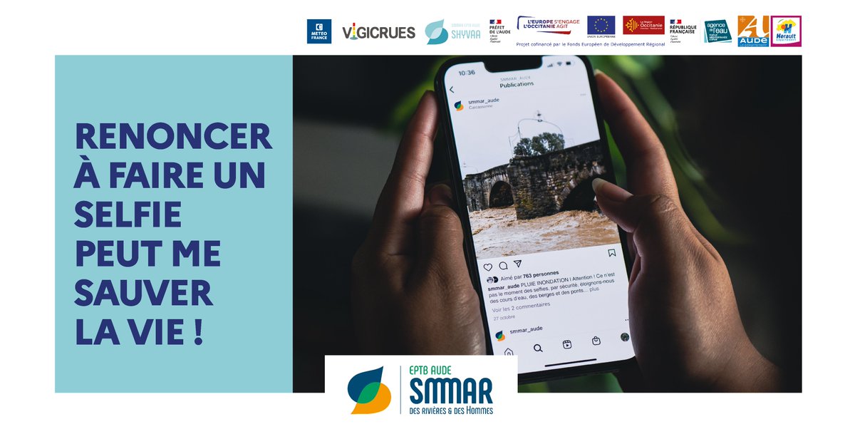 smmar_aude's tweet photo. #PLUIEINONDATION ⛈️ | Renoncer à faire un selfie peut me sauver la vie 📷 ! Éloignez-vous des cours d’eau, des #berges, des #ponts, des passages à gué 💦 et rejoignez le premier bâtiment à proximité💡 #SMMAR #pluie #inondations #prévention #Météofrance #Vigicrues #Aude https://t.co/jhEwLGxcxH