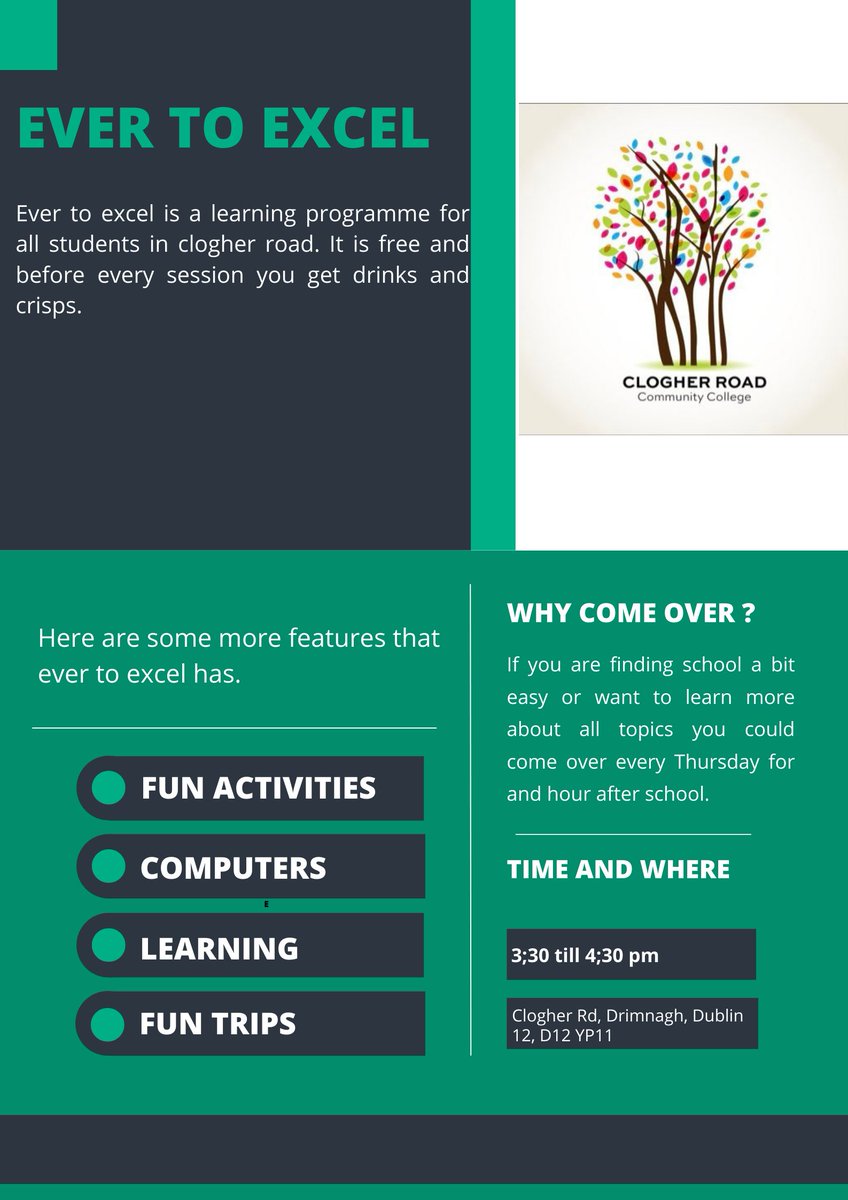 What a first term it has been for our Ever to Excel 🚀🚀🚀students <a href="/ClogherRoadCC/">Clogher Road Community College</a>! Here are some promotional posters students made using Canva 🖥️ last week! #strivingtowardssuccess