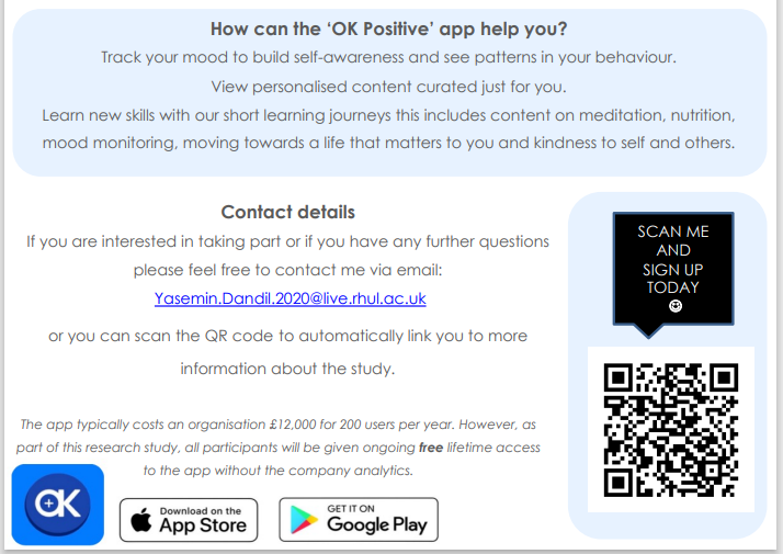 Do you work in a healthcare setting and are interested in improving your well-being? Please consider taking part in this research and help test an app that supports your well-being. 😍 Find out more, and sign up: Email Yasemin.Dandil.2020@live.rhul.ac.uk to find out more.