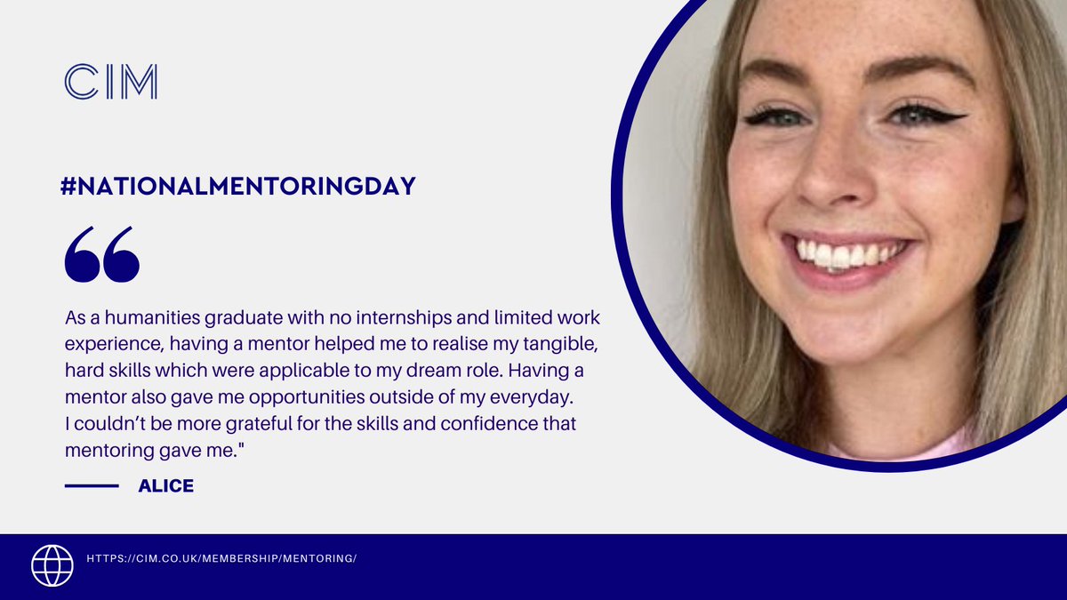 Today is #NationalMentoringDay 
 which recognises and celebrates the benefits of mentoring.Today day we’ll be sharing quotes on the impact mentoring has had and the benefits gained from having a CIM member as a mentor. 
cim.co.uk/membership/men…