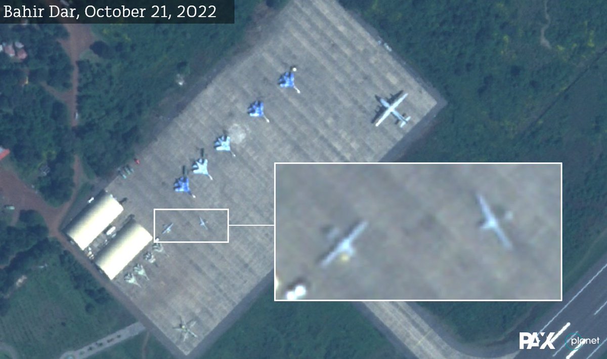 Amidst new evidence of #drone strikes and civilian casualties in #Tigray as fighting between the Ethiopian government and the TDF continues, satellite imagery by @planet shows two Bayraktar TB-2 drones at Bahir Dar airbase on Oct 21, 2022