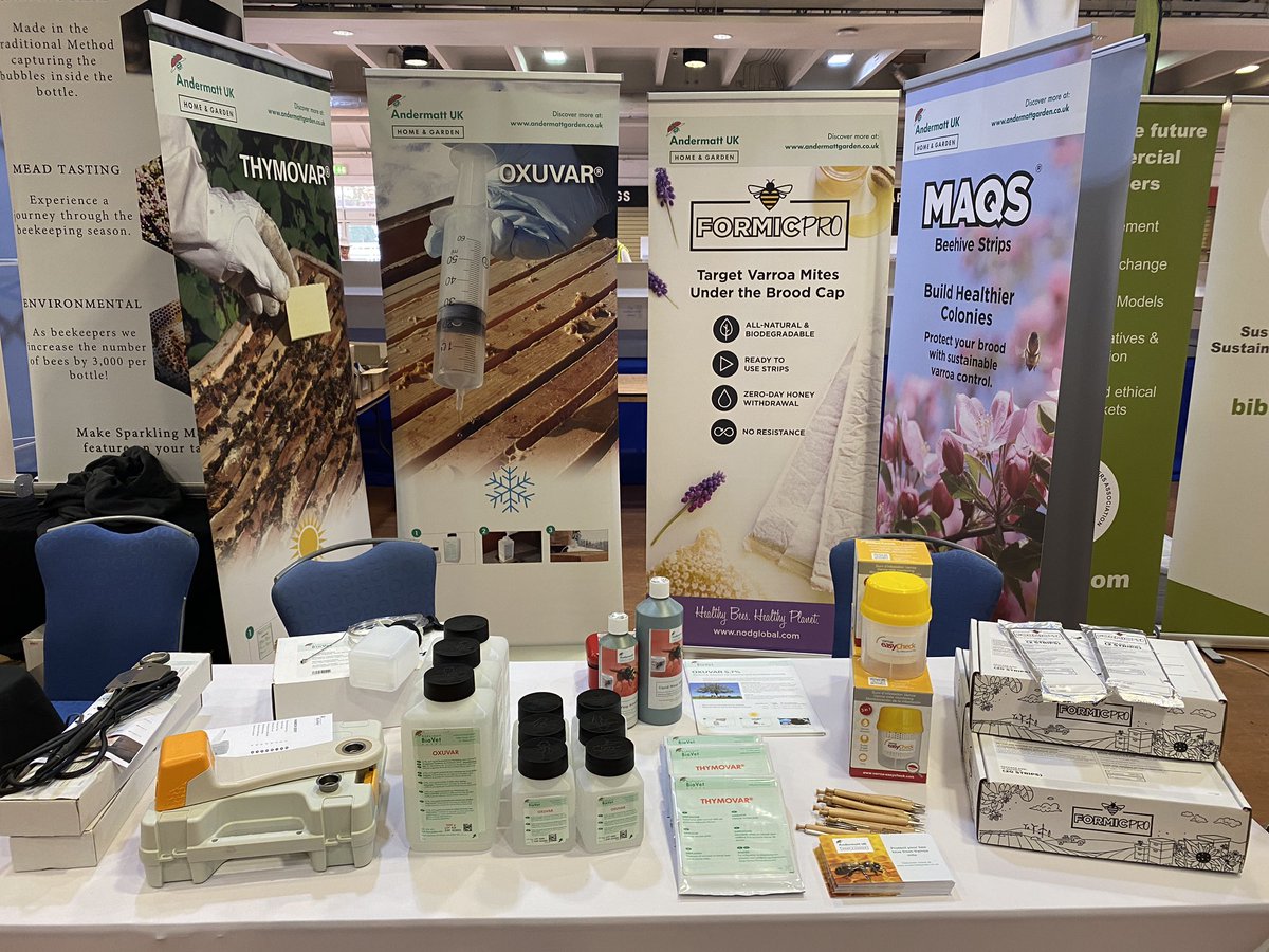andermattgarden's tweet photo. We are all set up @nathoneyshow and ready to go! Come and talk to us about our #varroa control products #Oxuvar #Thymovar #MAQS and #Formicpro and how using them boosts overall colony health. #beekeeping #Honey #bee #honeybee #pestcontrol @NodApiary https://t.co/hWVHzkB77r
