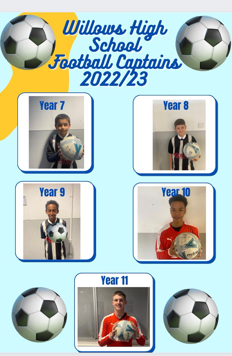 Delighted to formally announce our <a href="/willowshigh/">WillowsHighCardiff</a> <a href="/PEWillows/">Willows PE</a> Football Captains for this year:
- Yr7 David
- Yr8 Kian
- Yr9 Yasin
- Yr10 Amani
- Yr11 Jake