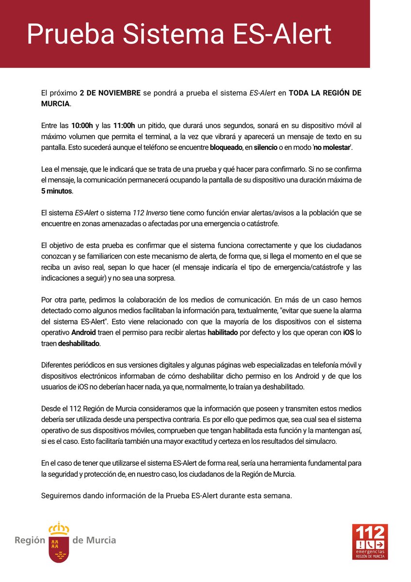 📢 COMUNICADO. Prueba Sistema ES-Alert en la Región de Murcia el día 2 de NOVIEMBRE.