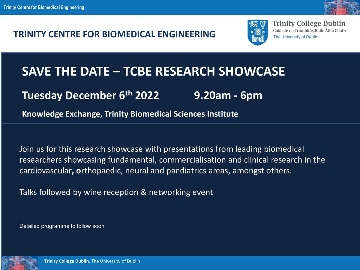 We are thrilled to announce that our very first TCBE Research Showcase will be happening on the 6th of Dec, 2022 at TBSI! *Save the date* and join us as our researchers showcase some exciting work in a number of different biomedical fields. Detailed programme to follow! <a href="/tcdTBSI/">TCD TBSI</a>