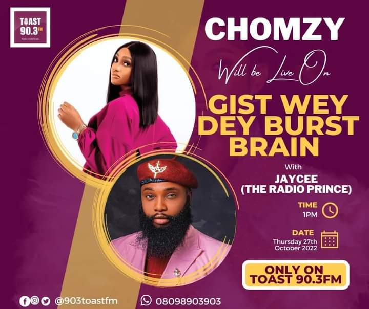 jayceetalks360's tweet photo. #TheCrediblesโ๏ธ guess what?
The Boss Lady @TheChomzy of @BigBroNaija will be Live with me on #GISTWEYDEYBURSTBRAIN by 1pm only on @903toastfm
P.s: Do you have any question for her? Drop It in the comment session ๐
#ToastOftheCity
#GWDBB
#jayceetalks
#Thecredibles
#bbnaija https://t.co/l6gPkH4p3L