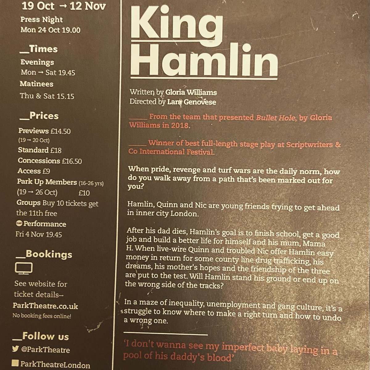 Went to go see ‘King Hamlin’ <a href="/ParkTheatre/">Park Theatre</a> a few days ago with <a href="/rebeccaaaaa001/">Becca 🦁</a>. Was a brilliantly acted play, hard hitting with pure emotion unearthing county lines, drugs and young people. Well worth a watch! #KingHamlin #parktheatre