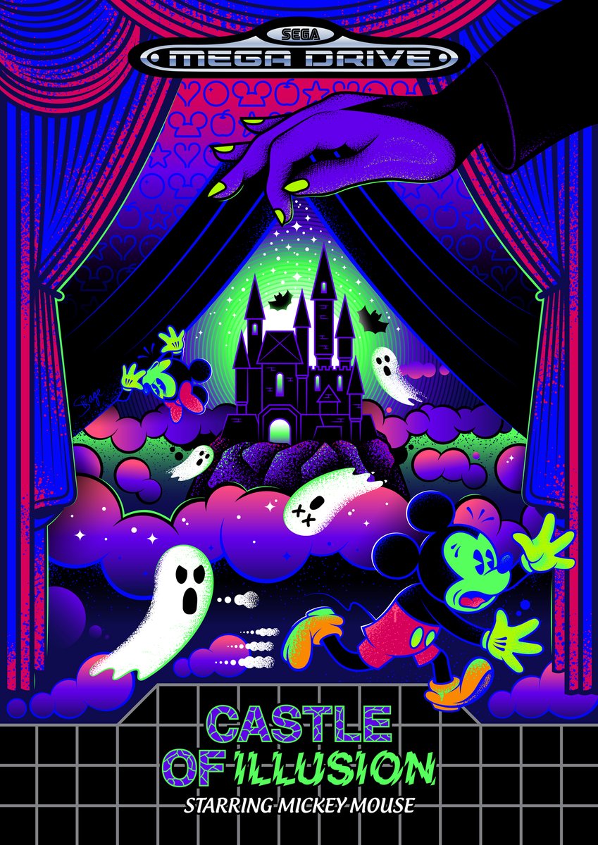 Some new spooky art: Re-imagined retro classic game cover art based on Castle Of Illusion for the Sega Megadrive! Run Mickey, run 👻 #halloween2022 #halloweencountdown 🐭💚💜