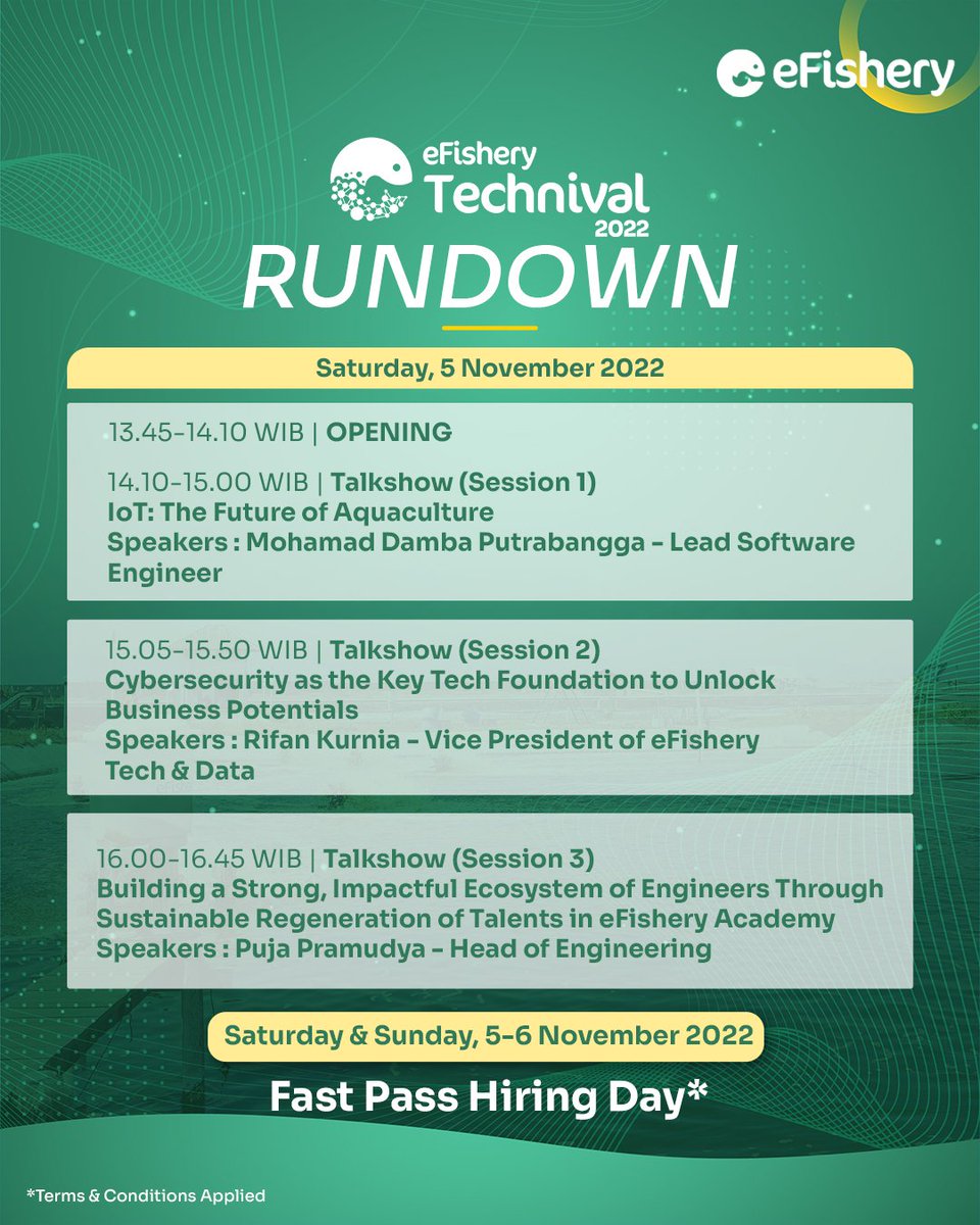 [eFishery Technival 2022]

Eager to learn from the giant Aquaculture technology company in Indonesia, eFishery? Let’s join us at eFishery Technival 2022! 🤩