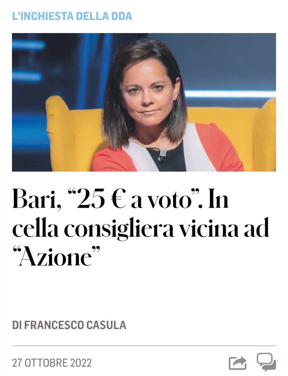allenatorebis's tweet photo. ร finita in #carcere con lโaccusa di #corruzione elettorale #FrancescaFerri, 43enne consigliera comunale di #Bari e capogruppo di โPuglia Popolareโ, movimento guidato da Massimo Cassano, candidato e non eletto alla Camera nelle liste di โAzioneโ.
#ChebellaGente ๐คฎ๐คฎ๐คฎ https://t.co/qutvZMEHqs