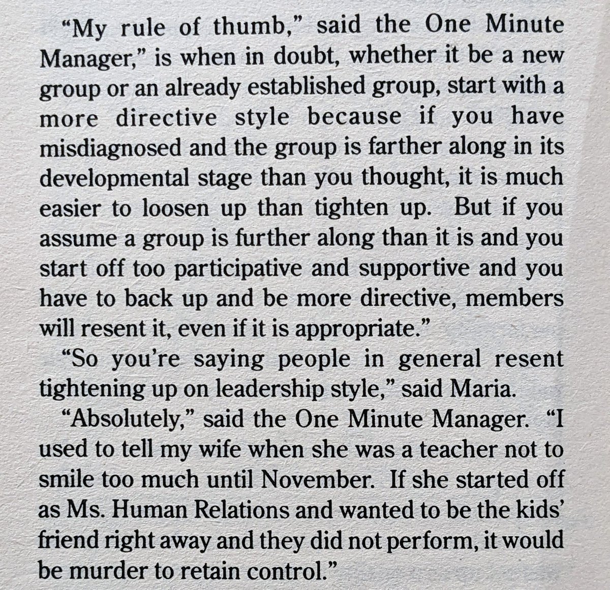 _innoscentman's tweet photo. #PierreReads The One Minute Manager on managing groups:

Start with a more directive style because if you have misdiagnosed and the group is farther along in its developmental stage than you thought, it is much easier to loosen up than tighten up" https://t.co/hM3se9DrMq