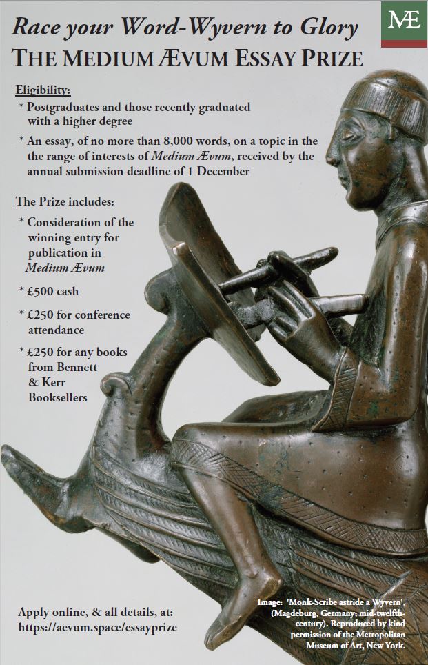 Race your Word-Wyvern to Glory! The 2023 Medium Ævum Essay Prize is open to postgraduates and those recently graduated - submit by Thursday, 1 Dec to be considered for a fantastic prize 📜🏆 Please share and check out further details on our website: aevum.space/EssayPrize
