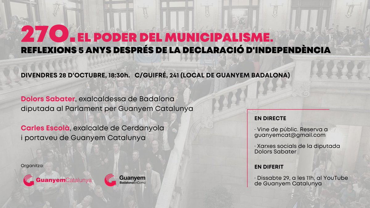 Avui fa 5⃣ anys que el municipalisme transformador es va posar al servei de la República Catalana. 📍 Commemorem aquesta data amb un acte a #Badalona on reflexionem amb @mariadolorsa i @carlesescola78 sobre el poder del municipalisme! Vine de públic o segueix-lo en directe! 📲