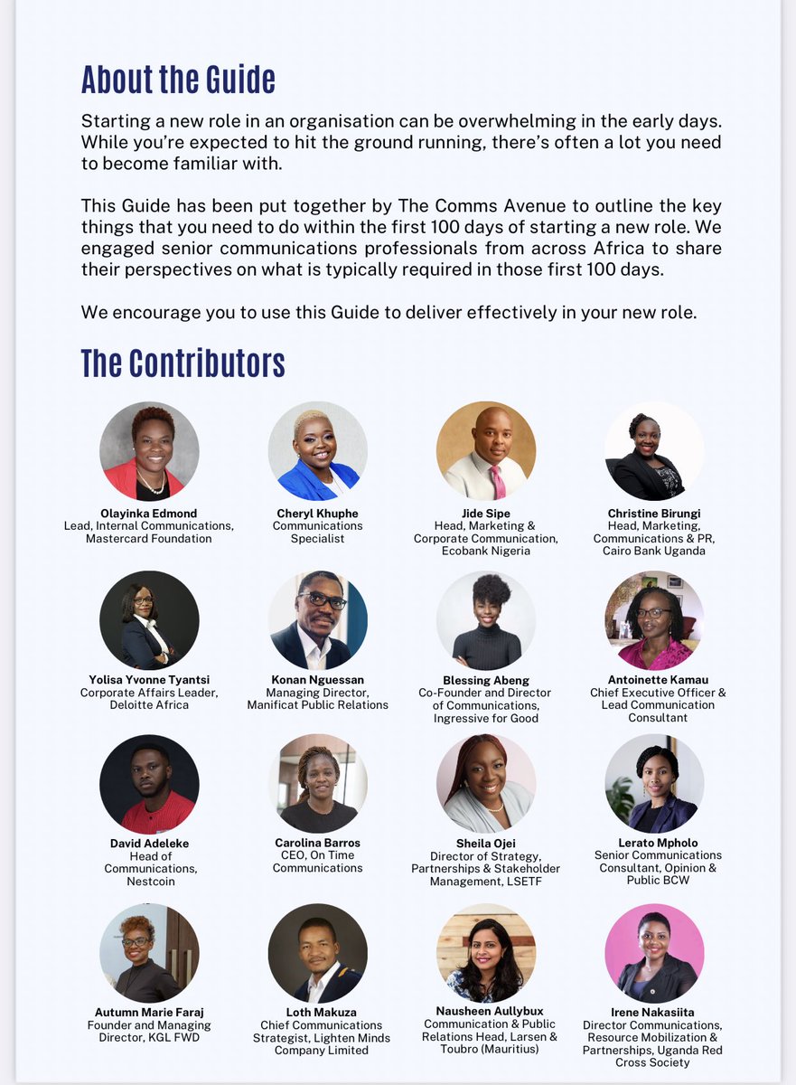 Refreshing to read my friend's <a href="/MakuzaLoth/">Loth Makuza 🇹🇿</a> contribution to the guide 👏🏾 Insightful reads from these senior Comms professionals!

In a nutshell:

✅Understand the organization 
✅Integrate &amp; adapt 
✅Ask questions..lots of them  
✅Seek to add value 
✅Be confident &amp; open minded