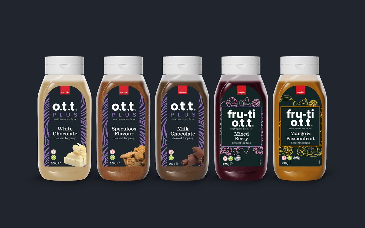 Meet our new o.t.t® dessert topping flavours - five premium sauces, perfect for pouring over desserts

Available in:
 - white chocolate
 - speculoos flavour
 - milk chocolate
 - mixed berry
 - mango &amp; passionfruit

macphie.com/new-sauce-rang…

#simplycleverfood