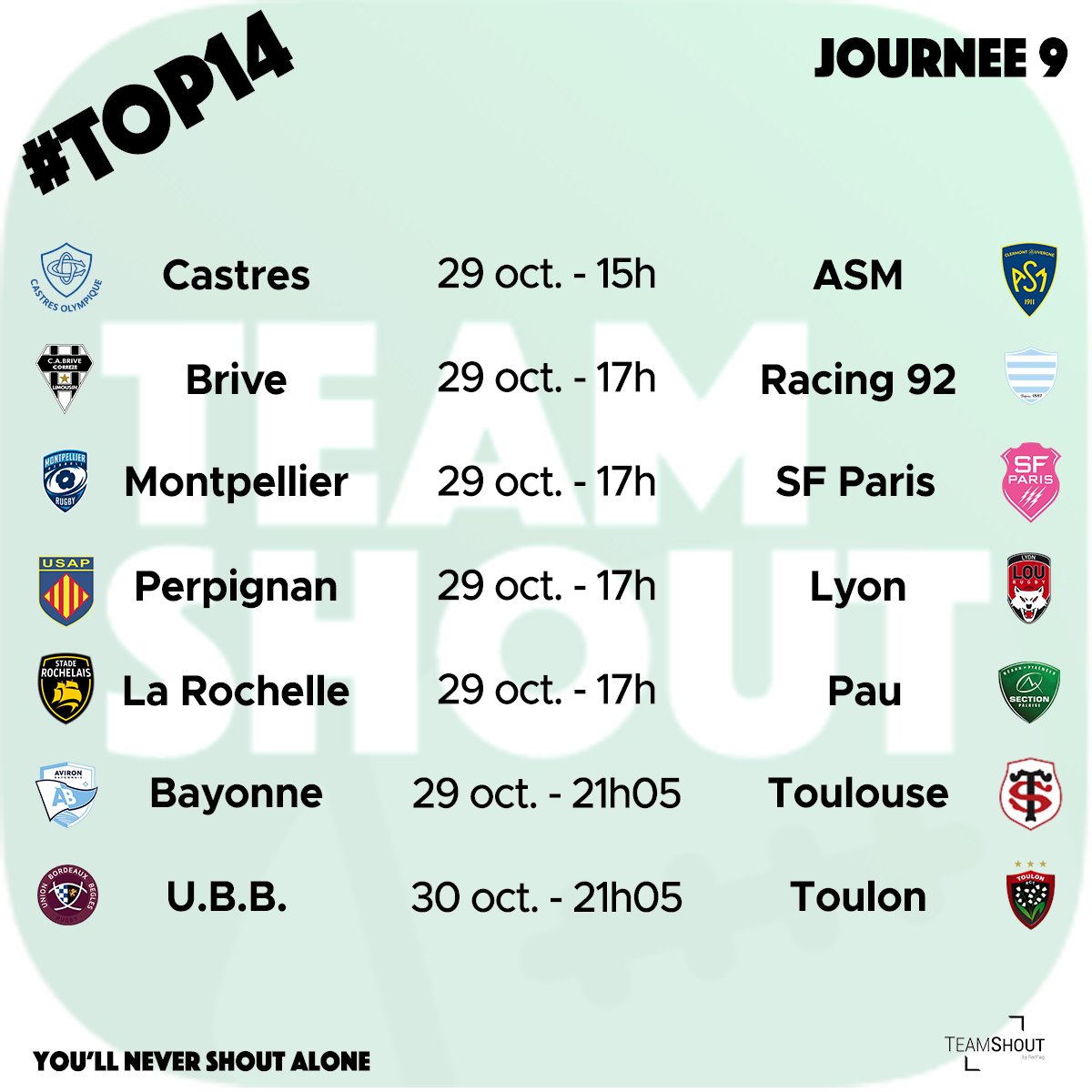 TeamShout__FR's tweet photo. La 9ème journée de #Top14 arrive avec un gros choc de supporters !

Qui des supporters du @CastresRugby  ou de l'@ASMOfficiel prendront le dessus ?

Téléchargez #Teamshout sur #iOS et #Androïd : https://t.co/uc6CrXpQOL

#Rugby #MobileApp #AppMobile Made In #Auvergne https://t.co/VFPgKo6AKX