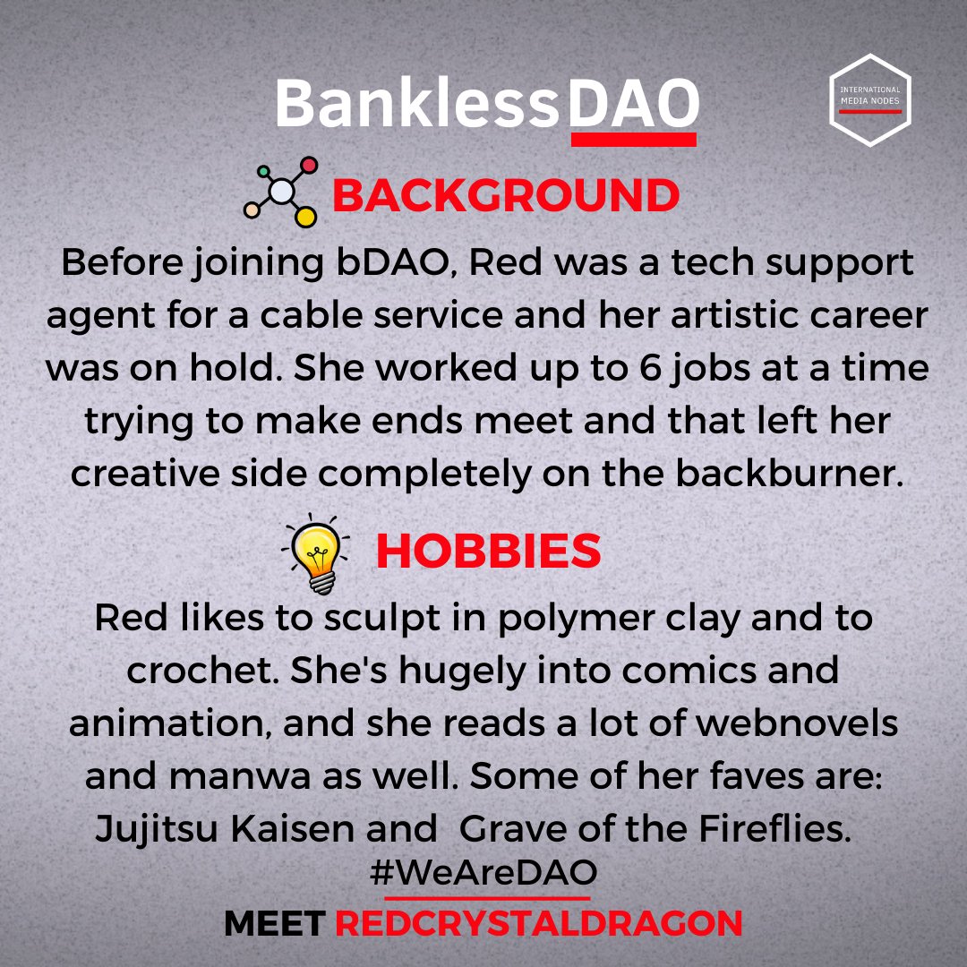 IMNbankless's tweet photo. In our final post #WeAreDAO presents another core contributor who has changed bDAO through her creative energy and drive. She inspires the entire community with her art and her interview is the best way possible to end the campaign. Thank you @RedCrstlDragon ❤️‍🔥 https://t.co/8fG4iagZB0