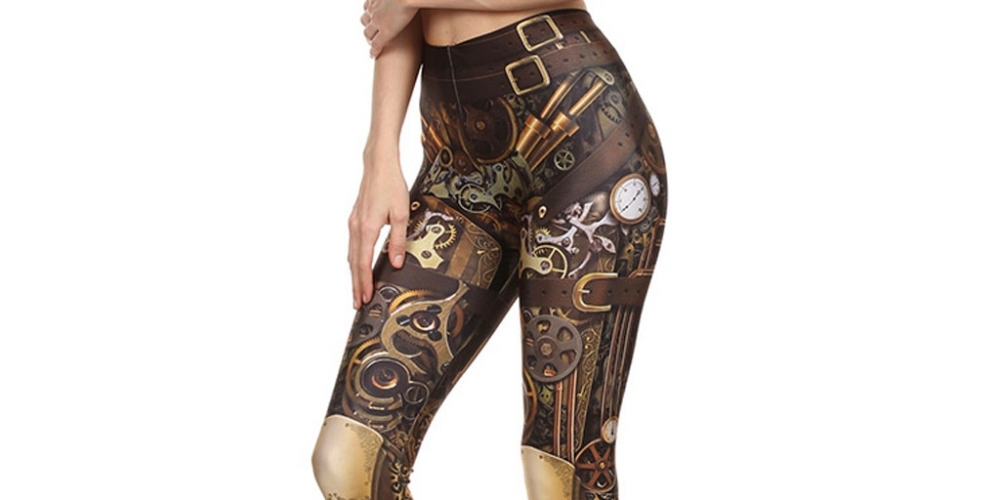 Women's Bronze Gear Printed Leggings #steampunkcorset #steampunkshow redgoldsteam.com/womens-bronze-…