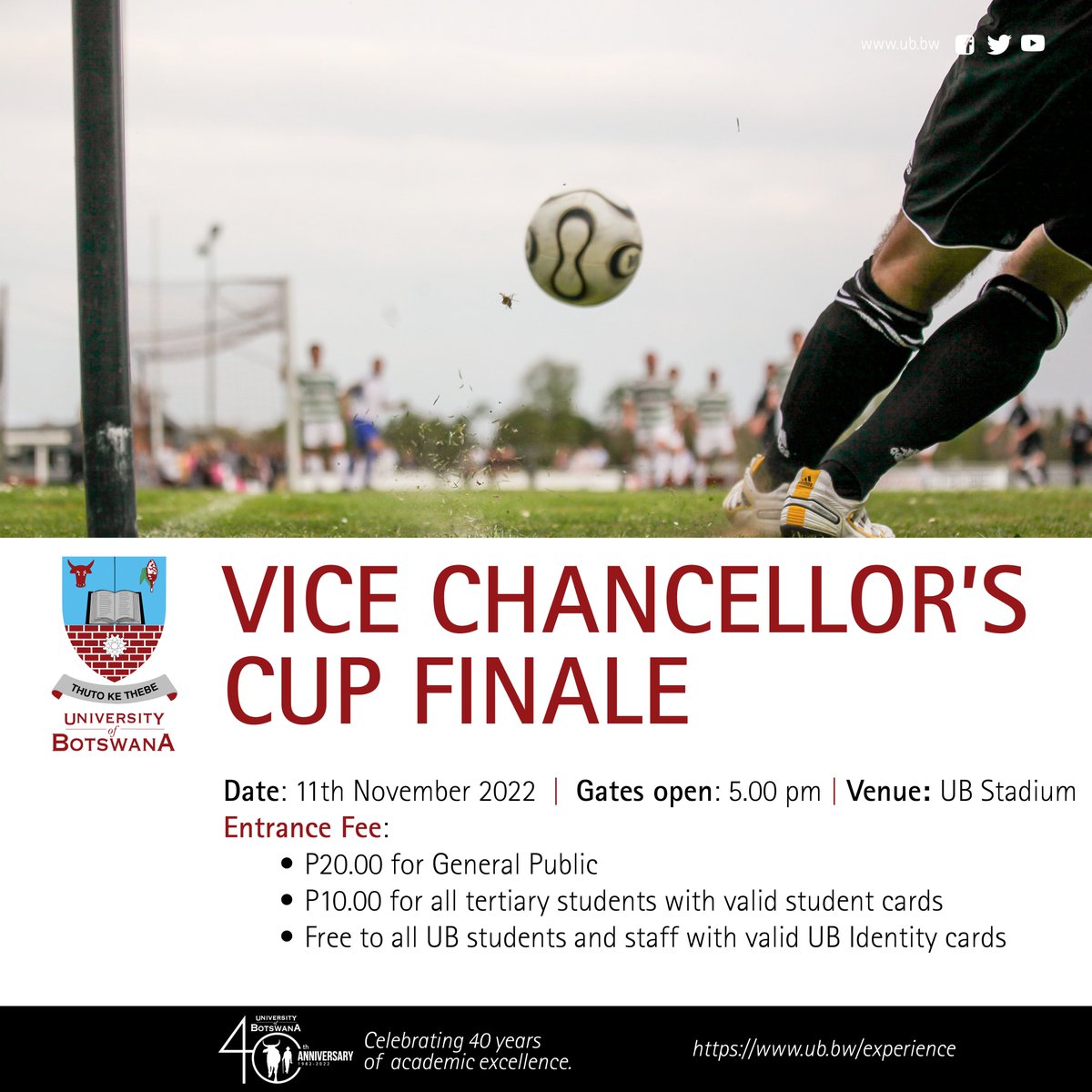 UBBotswana's tweet photo. VICE CHANCELLORโS CUP FINALE
#November11 #UBStadium
#UBSRC #celebrating40yearsofacademicexcellence
#mmadikolo
#motholemokgomo https://t.co/xZax5bSt34