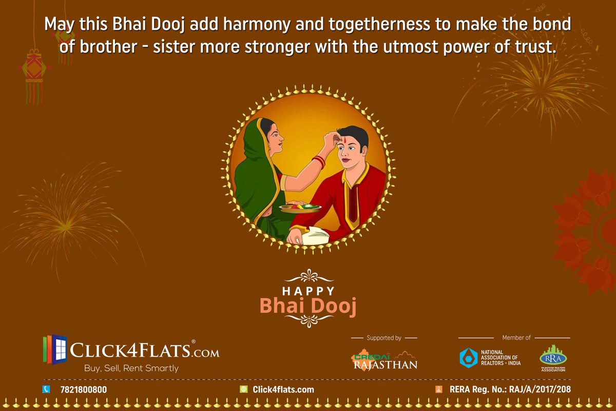 Click4Flats's tweet image. May this Bhai Dooj add harmony and togetherness to make the bond of brother - sister more stronger with utmost power of trust.
Team Click4flats.com wishes all a Very Happy Bhai Dooj.
#BhaiDooj #bhaidooj2022 #HappyBhaiDooj2022 #Diwali2022 #India #Click4flats