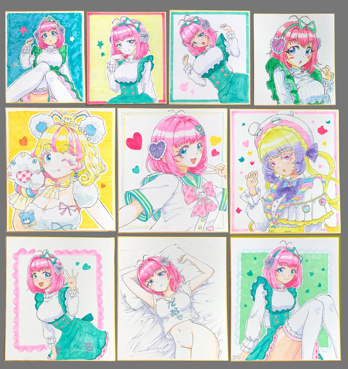 色紙ひとまずほぼこんな感じになりそうです、前回のプリジャンで描いた色紙も追加して持っていく予定です 